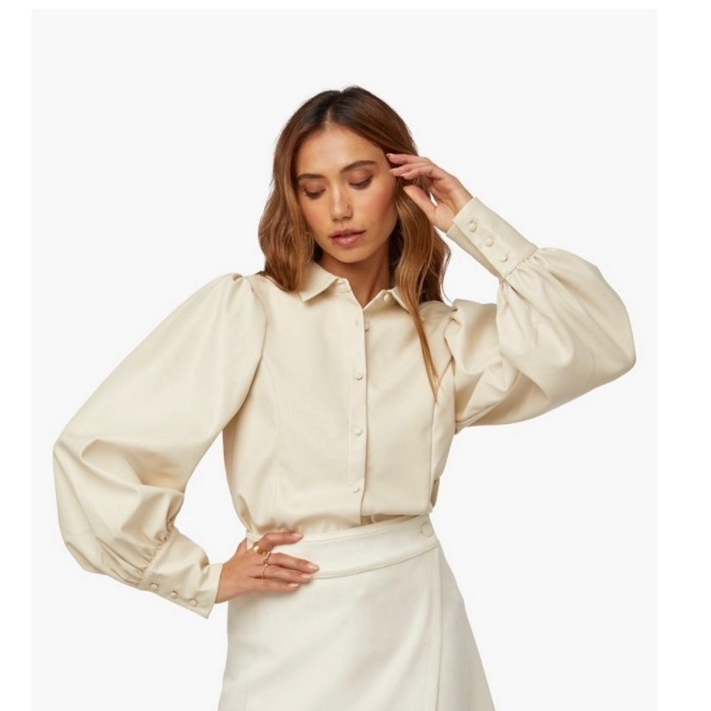 Faux Leather Puff Sleeve Button Top